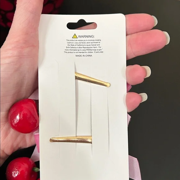 It Girl Pink Cherry Hair Clips with Velvet Ribbon Bow Set of 2 Barrettes New - Picture 3 of 9